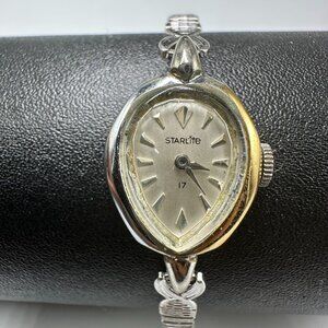 Vintage Starlite Watch Silver Tone Small Teardrop Dial Stretch Band Manual Wind
